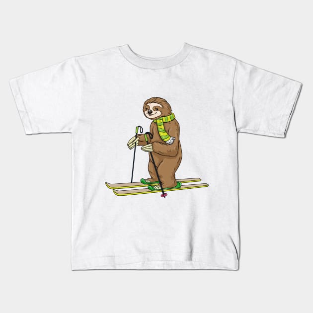 Sloth with scarf as skier with skis Kids T-Shirt by Markus Schnabel